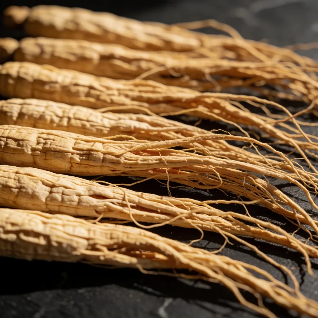 Dried ginseng roots arranged on a dark slate surface