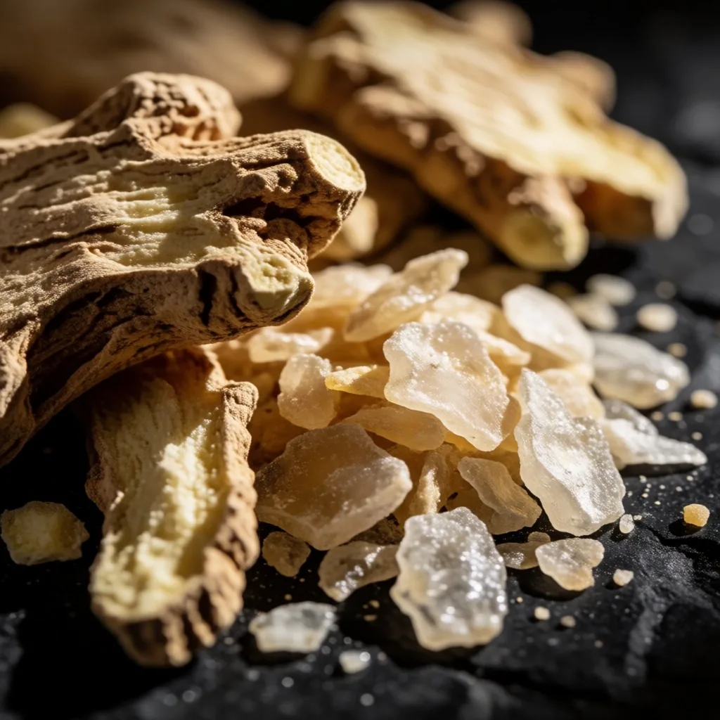 Dried botanical root and mineral crystals